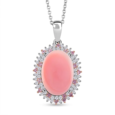 Queen Conch Shell, White Zircon & Pink Sapphire Pendant with Chain (Size 18) in Rose Gold Plated Rhodium Overlay Sterling Silver 10.790 Ct, Silver Wt. 7.40 Gms