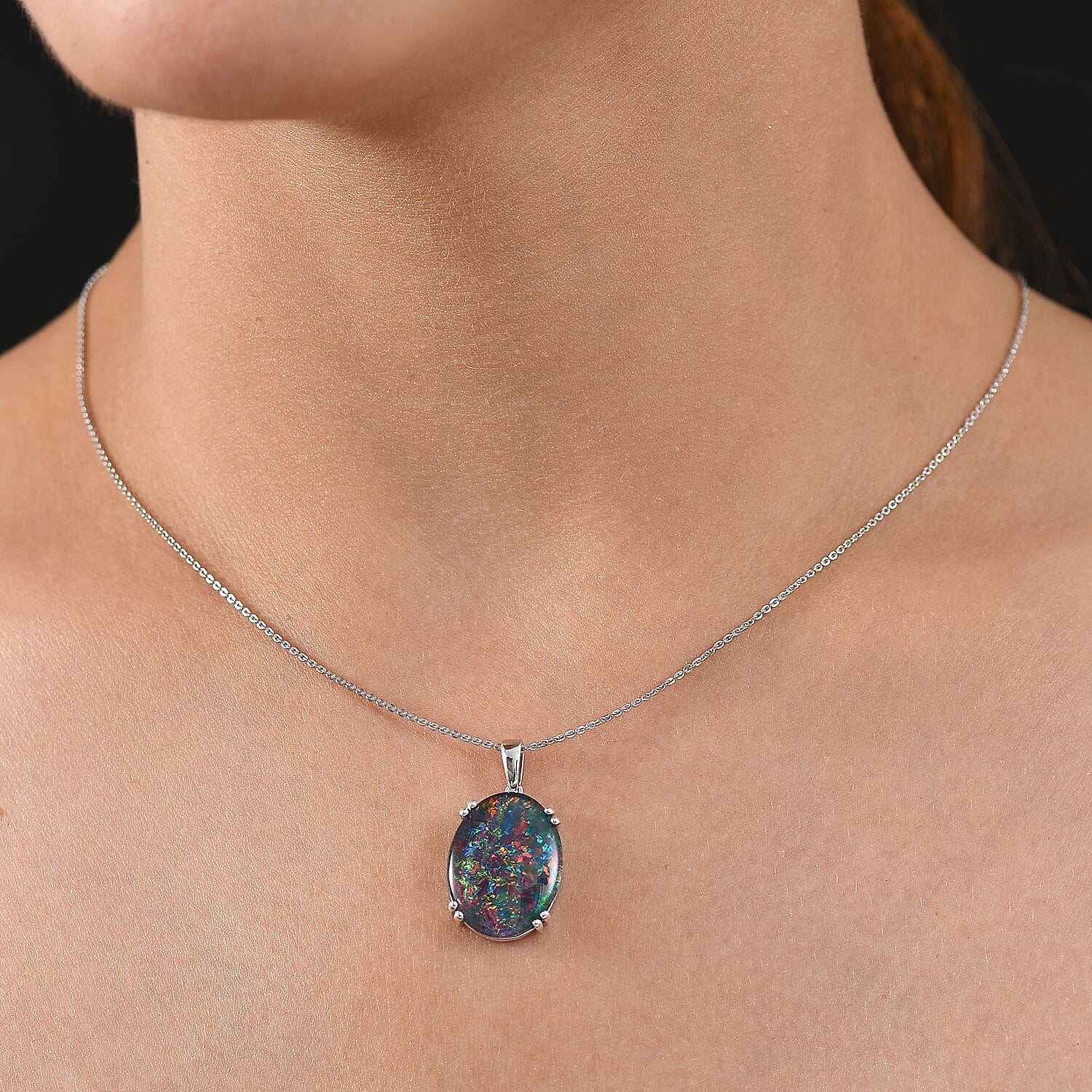 AAAA Extremely Rare Size Australian Opal  (20X15) Pendant with Chain (Size 20) in Rhodium Overlay Sterling Silver 8.250ct