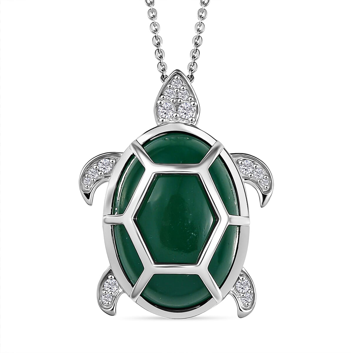 Green Onyx, White Zircon & Blue Sapphire Pendant with Chain (Size 20) in Rhodium Overlay Sterling Silver 12.76 Ct.