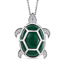 GP Sea life Collection- Green Onyx, White Zircon Turtle Pendant with Chain (Size 20) in Rhodium Overlay Sterling Silver 12.76 Ct.
