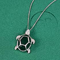 GP Sea life Collection- Green Onyx, White Zircon Turtle Pendant with Chain (Size 20) in Rhodium Overlay Sterling Silver 12.76 Ct.