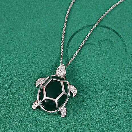 GP Sea Life Collection - Green Onyx, White Zircon & Blue Sapphire Pendant with Chain (Size 20) in Rhodium Overlay Sterling Silver 12.76 Ct.