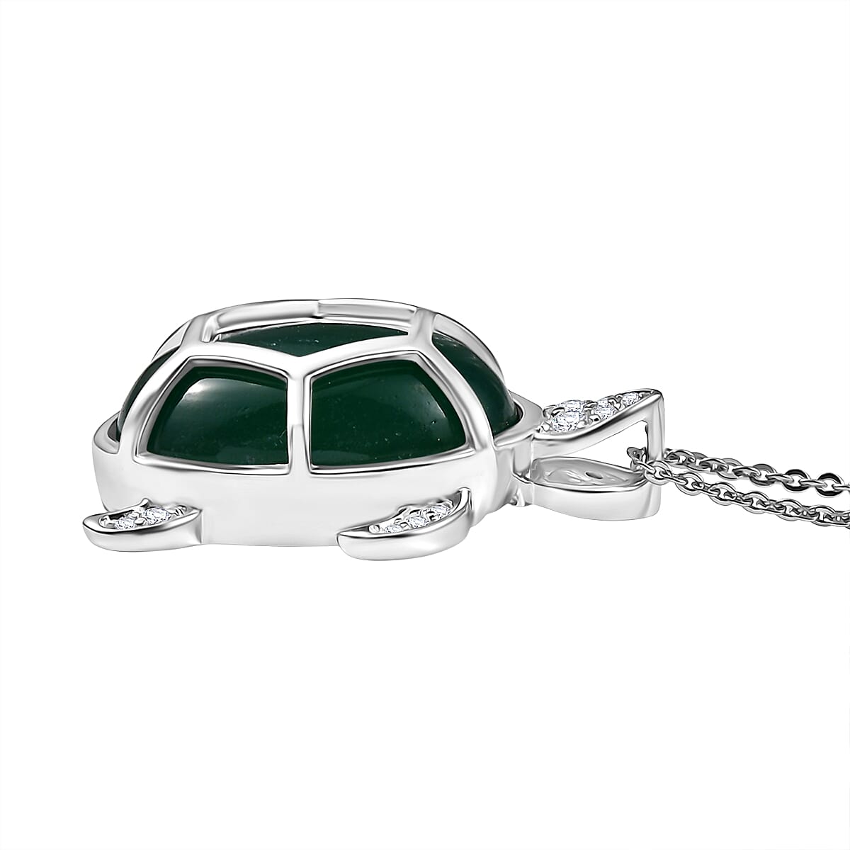 Green Onyx, White Zircon & Blue Sapphire Pendant with Chain (Size 20) in Rhodium Overlay Sterling Silver 12.76 Ct.