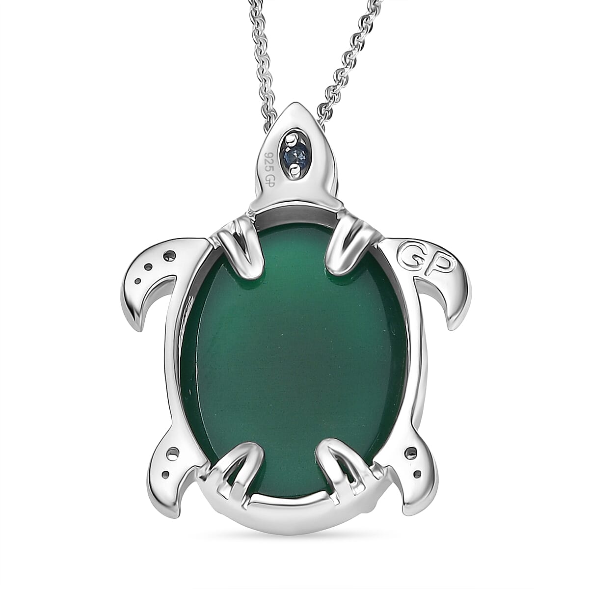Green Onyx, White Zircon & Blue Sapphire Pendant with Chain (Size 20) in Rhodium Overlay Sterling Silver 12.76 Ct.