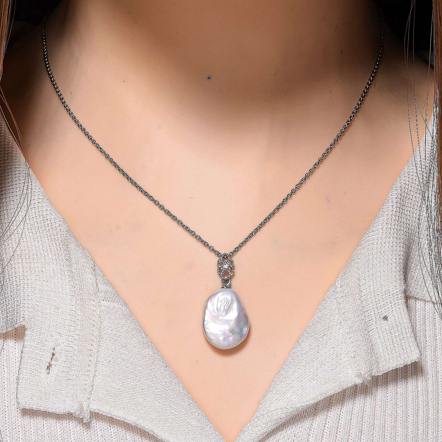 Keshi Pearl & White Cubic Zirconia Pendant with Chain (Size 20) with Lobster Clasp in Rhodium Overlay Sterling Silver 8.02 Ct.