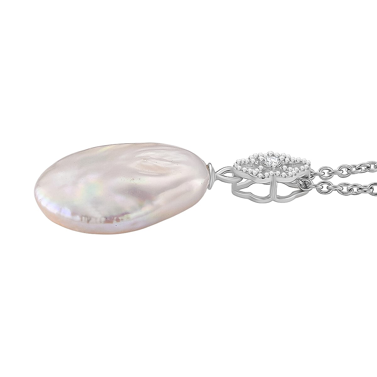 Keshi Pearl & White Cubic Zirconia Pendant with Chain (Size 20) with Lobster Clasp in Rhodium Overlay Sterling Silver 8.02 Ct.
