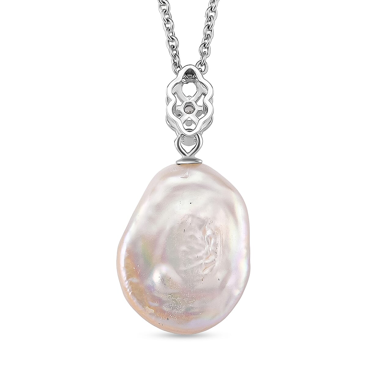 Keshi Pearl & White Cubic Zirconia Pendant with Chain (Size 20) with Lobster Clasp in Rhodium Overlay Sterling Silver 8.02 Ct.