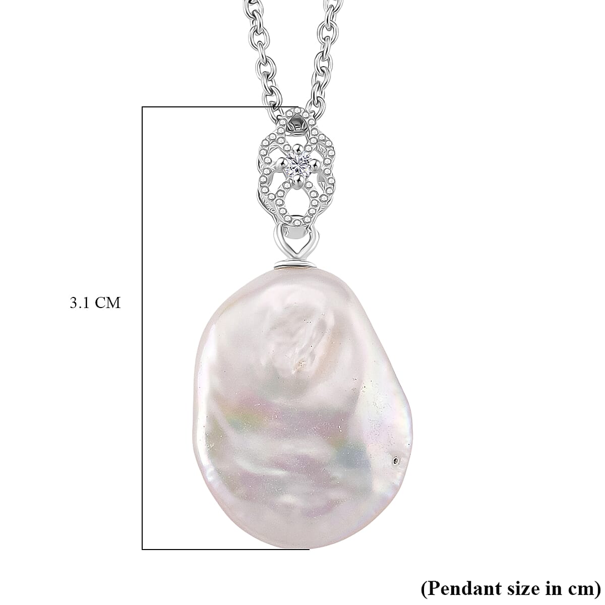 Keshi Pearl & White Cubic Zirconia Pendant with Chain (Size 20) with Lobster Clasp in Rhodium Overlay Sterling Silver 8.02 Ct.