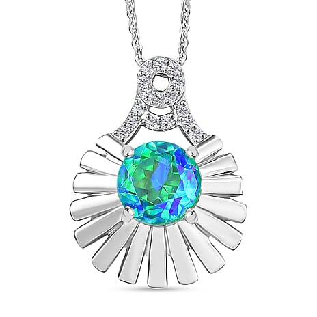 D'joy Peacock Triplet Quartz & White Zircon Pendant with Chain (Size 20) in Rhodium Overlay Sterling Silver 1.59 Ct, Silver Wt. 5.01 Gms.
