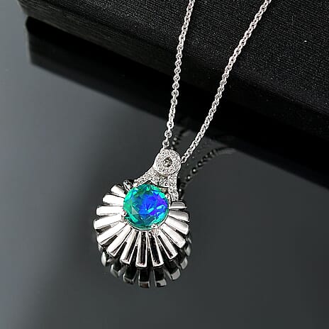 D'joy Peacock Triplet Quartz & White Zircon Pendant with Chain (Size 20) in Rhodium Overlay Sterling Silver 1.59 Ct, Silver Wt. 5.01 Gms.