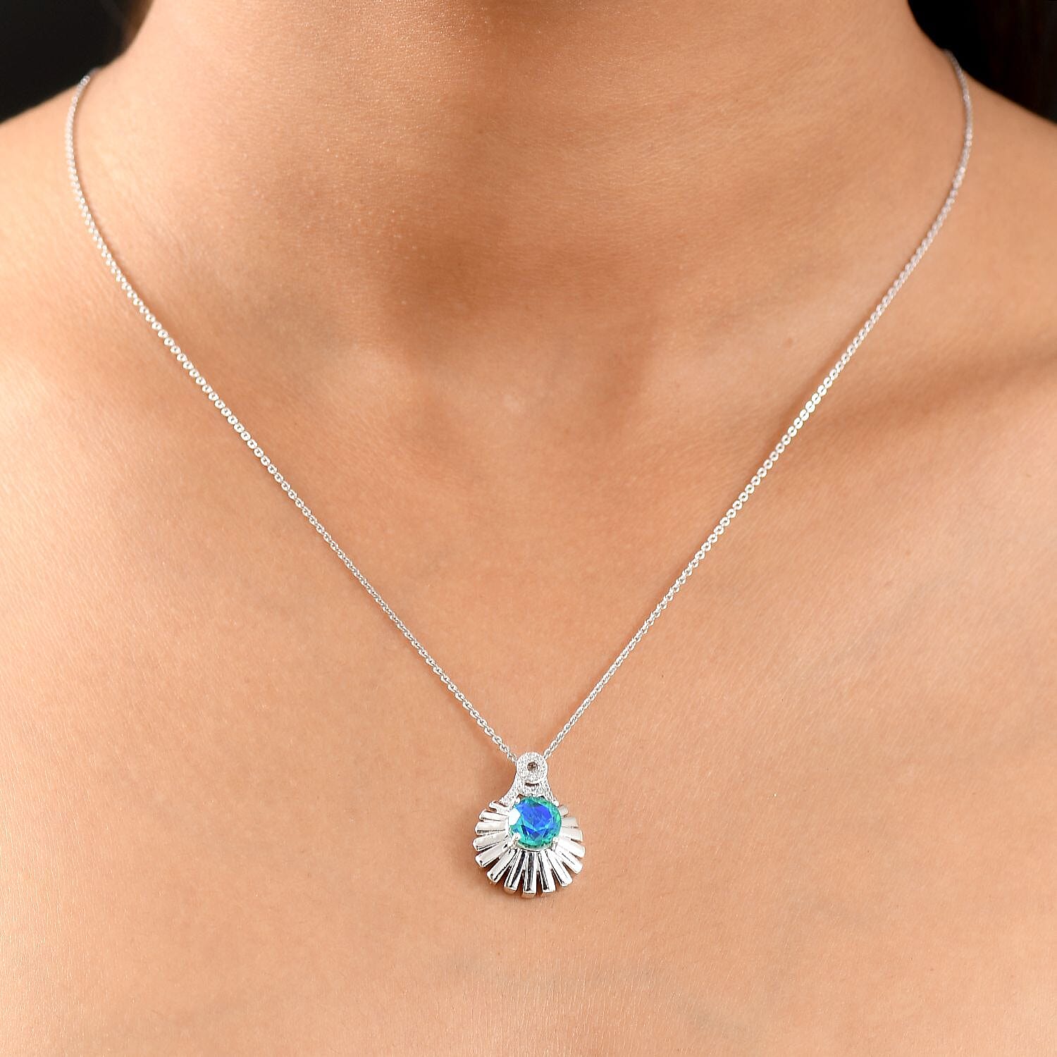 D'joy Peacock Triplet Quartz & White Zircon Pendant with Chain (Size 20) in Rhodium Overlay Sterling Silver 1.59 Ct, Silver Wt. 5.01 Gms.