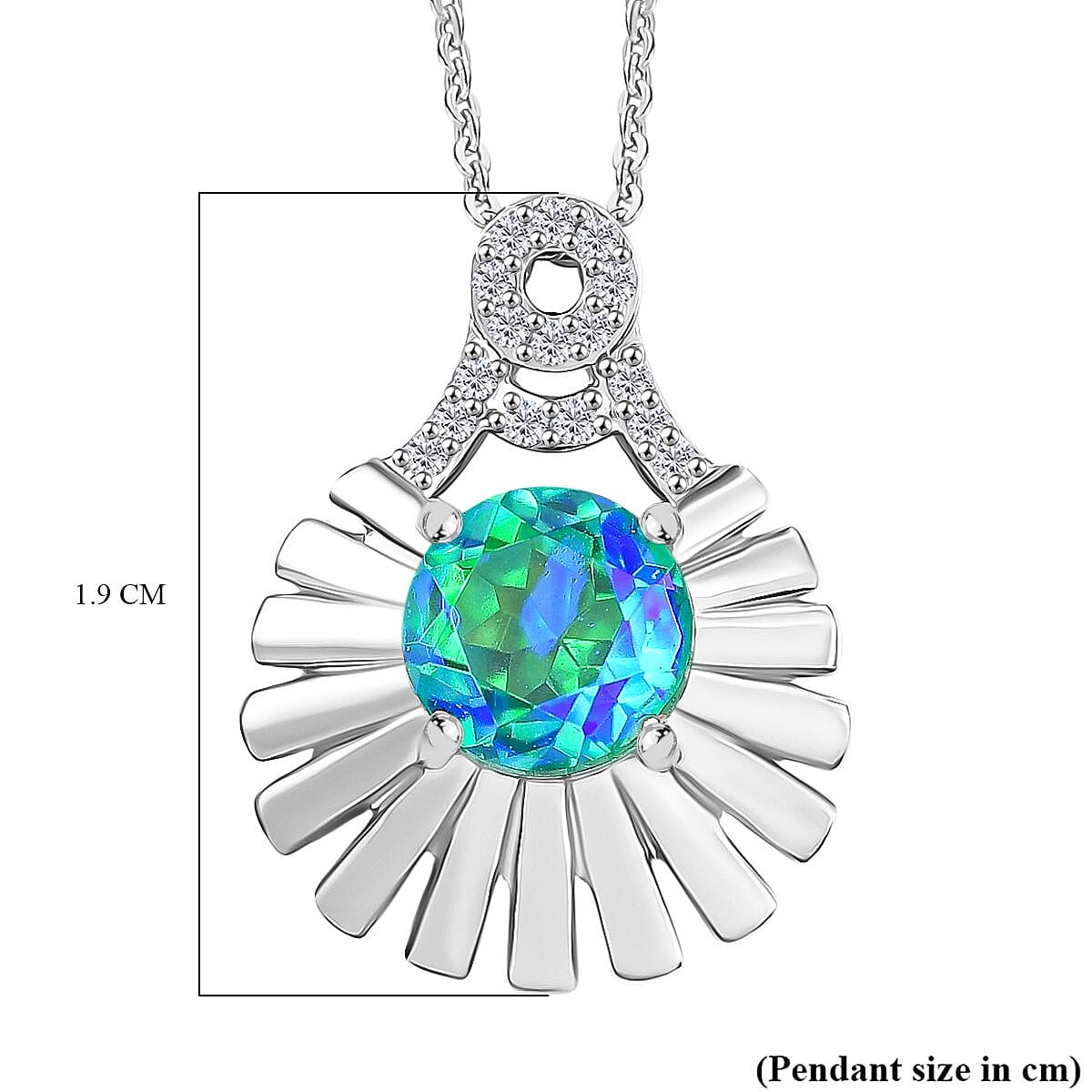 D'joy Peacock Triplet Quartz & White Zircon Pendant with Chain (Size 20) in Rhodium Overlay Sterling Silver 1.59 Ct, Silver Wt. 5.01 Gms.