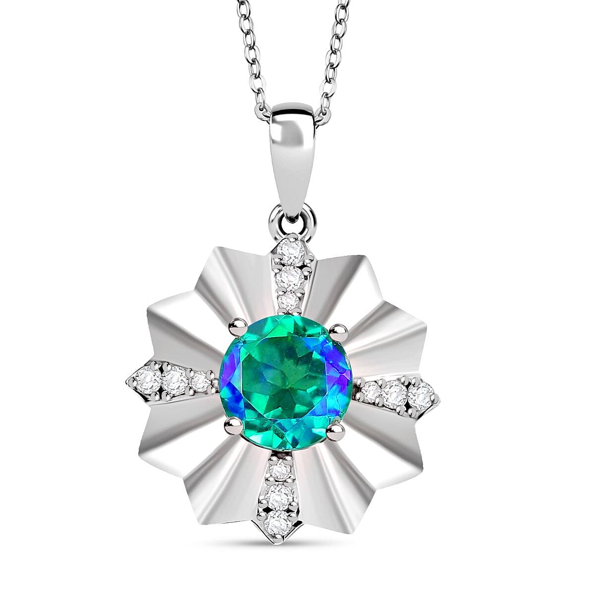 D'joy Peacock Triplet Quartz & White Zircon Pendant with Chain (Size 20) in Rhodium Overlay Sterling Silver 2.58 Ct.