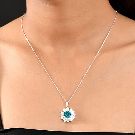 D'joy Peacock Triplet Quartz & White Zircon Pendant with Chain (Size 20) in Rhodium Overlay Sterling Silver 2.58 Ct.