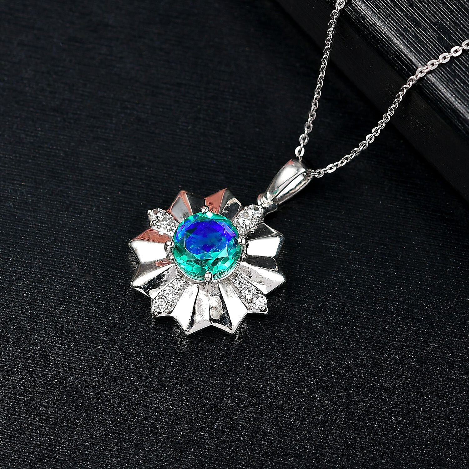 D'joy Peacock Triplet Quartz & White Zircon Pendant with Chain (Size 20) in Rhodium Overlay Sterling Silver 2.58 Ct.