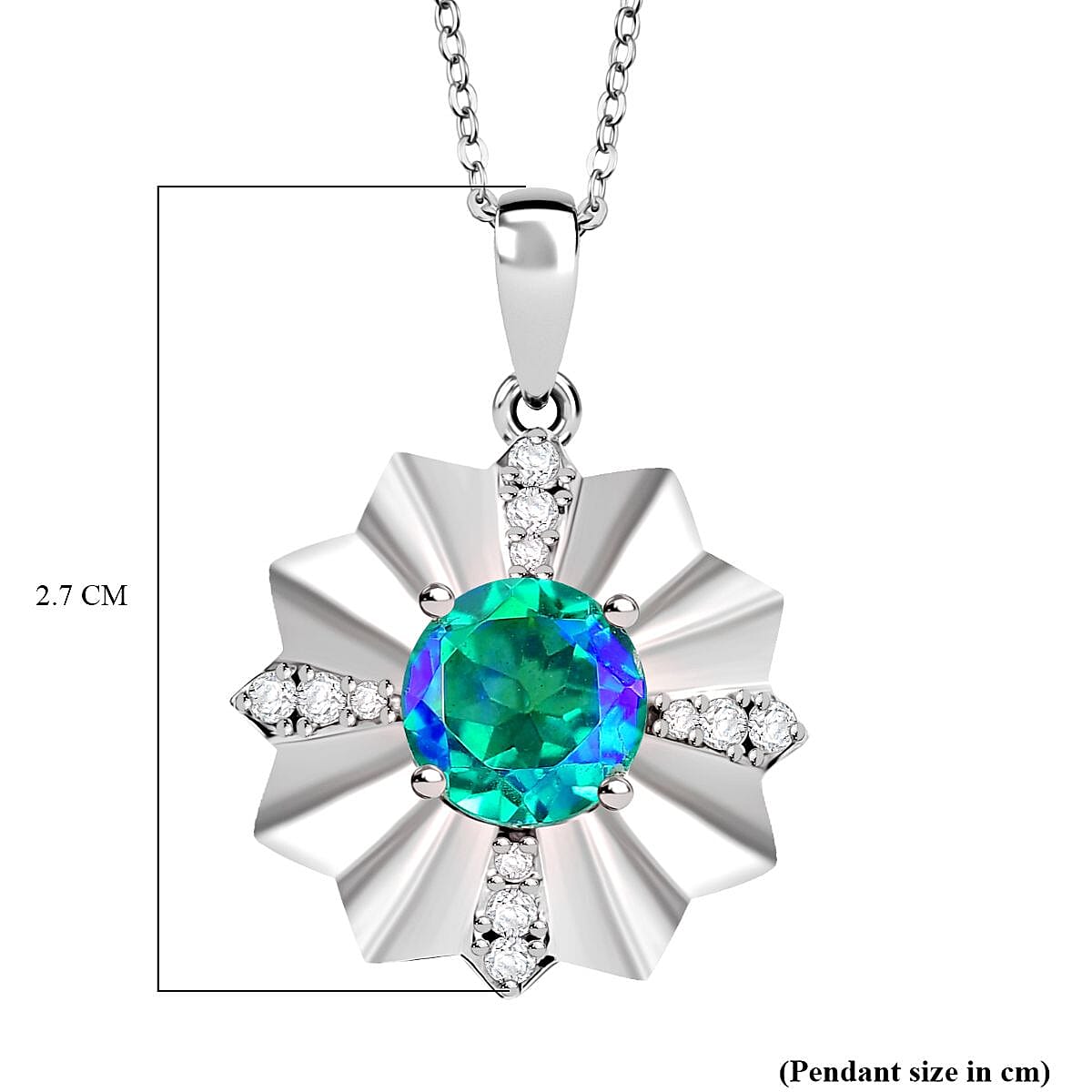 D'joy Peacock Triplet Quartz & White Zircon Pendant with Chain (Size 20) in Rhodium Overlay Sterling Silver 2.58 Ct.