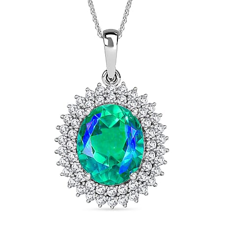 D'joy Peacock Triplet Quartz & White Zircon Pendant with Chain (Size 20) in Rhodium Overlay Sterling Silver 6.51 Ct.