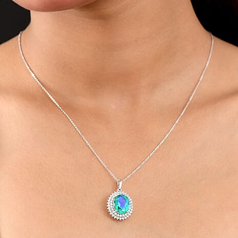 D'joy Peacock Triplet Quartz & White Zircon Pendant with Chain (Size 20) in Rhodium Overlay Sterling Silver 6.51 Ct.