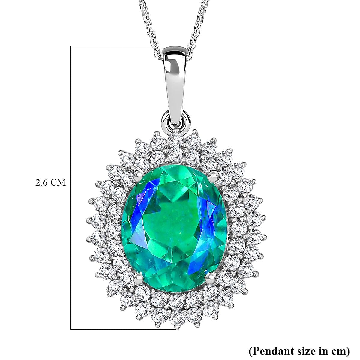 D'joy Peacock Triplet Quartz & White Zircon Pendant with Chain (Size 20) in Rhodium Overlay Sterling Silver 6.51 Ct.