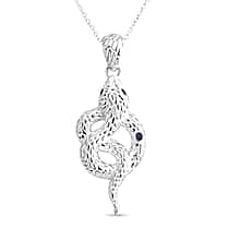Royal Bali Collection - Blue Sapphire, Black Spinel, Sterling Silver Serpent Pendant with Chain (Size 20) and Lobster Clasp