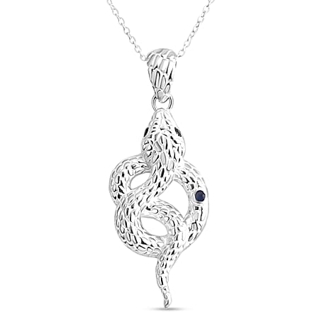 Royal Bali Collection - Blue Sapphire & Black Spinel Sterling Silver Serpent Pendant with Chain (Size 20) & Lobster Clasp