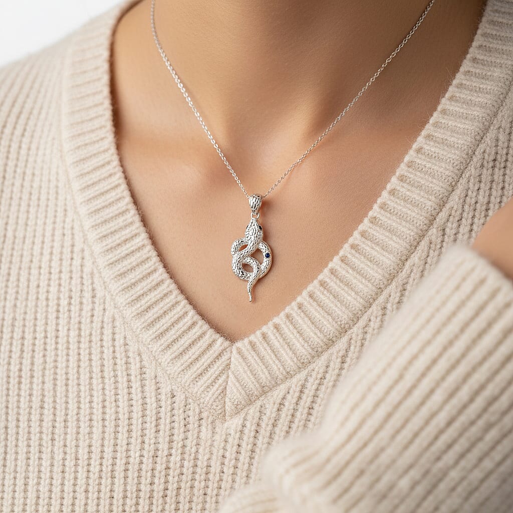 Royal Bali Collection - Blue Sapphire & Black Spinel Sterling Silver Pendant with Chain (Size 20) & Lobster Clasp