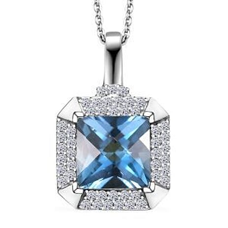 LUXURIANT London Blue Topaz & Lab Grown Diamond Pendant with Chain (Size 20) in Rhodium Overlay Sterling Silver 3.30 Ct.