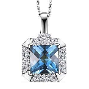 LUXURIANT London Blue Topaz, Lab Grown Diamond Halo Pendant with