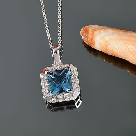 LUXURIANT London Blue Topaz & Lab Grown Diamond Pendant with Chain (Size 20) in Rhodium Overlay Sterling Silver 3.30 Ct.