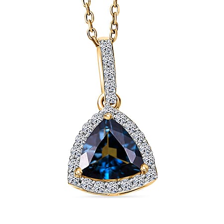 LUXURIANT London Blue Topaz, Lab Grown Diamond (SI-G-H) Halo Pendant with Chain (Size 20) in 9K Yellow Gold 1.23 Ct.