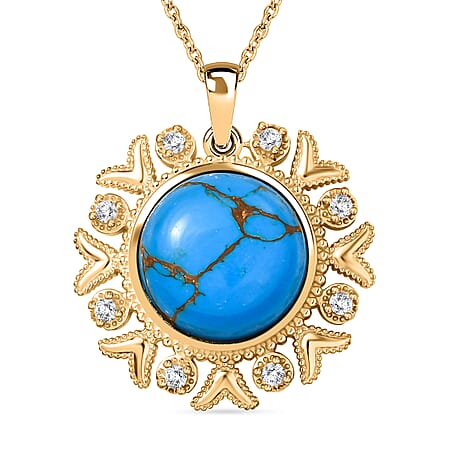 Tucson Find - Blue Turquoise Floral Pendant with Chain (Size 20) in Yellow Gold Plating 10.80 Ct.