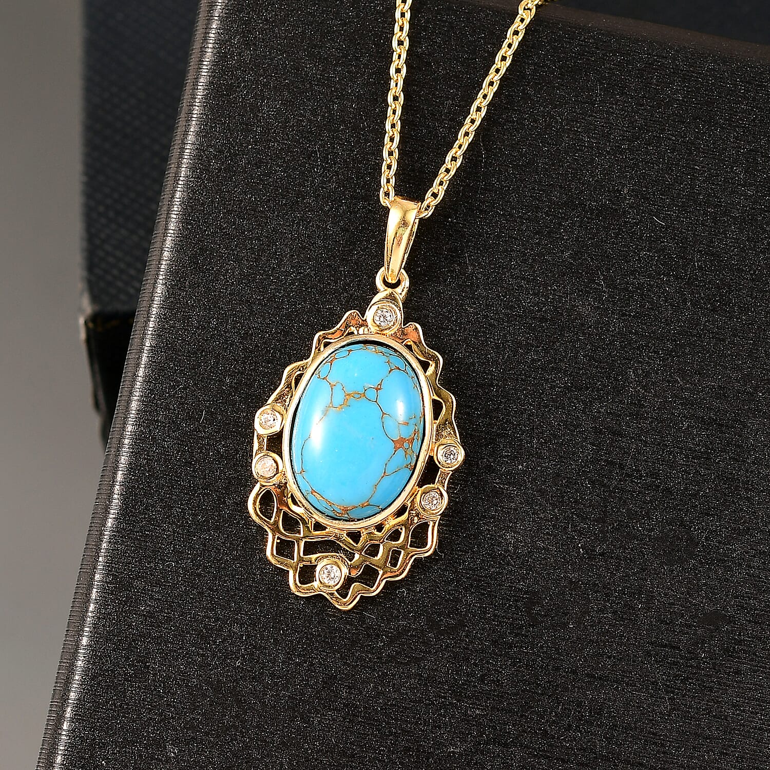 Tucson Find - Blue Turquoise & White Zircon Pendant with Chain (Size 20) in Yellow Gold Plated 5.53 Ct.