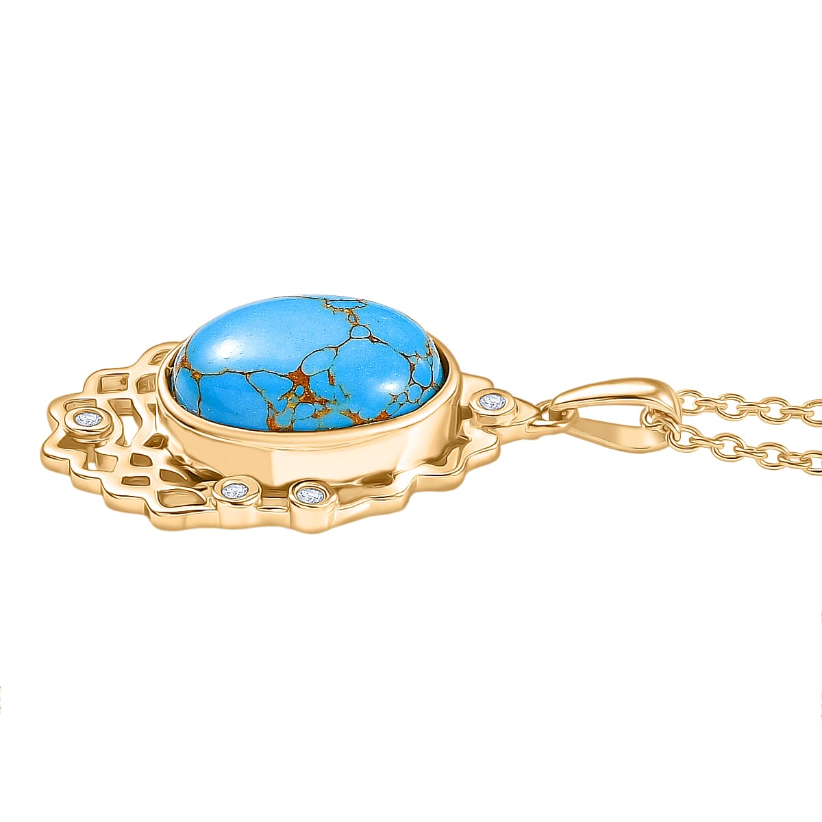 Tucson Find - Blue Turquoise & White Zircon Pendant with Chain (Size 20) in Yellow Gold Plated 5.53 Ct.