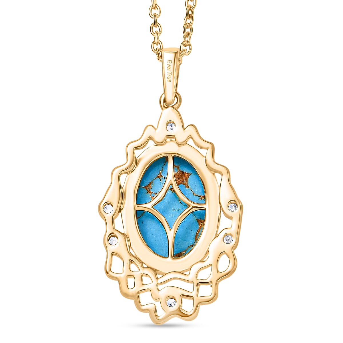 Tucson Find - Blue Turquoise & White Zircon Pendant with Chain (Size 20) in Yellow Gold Plated 5.53 Ct.