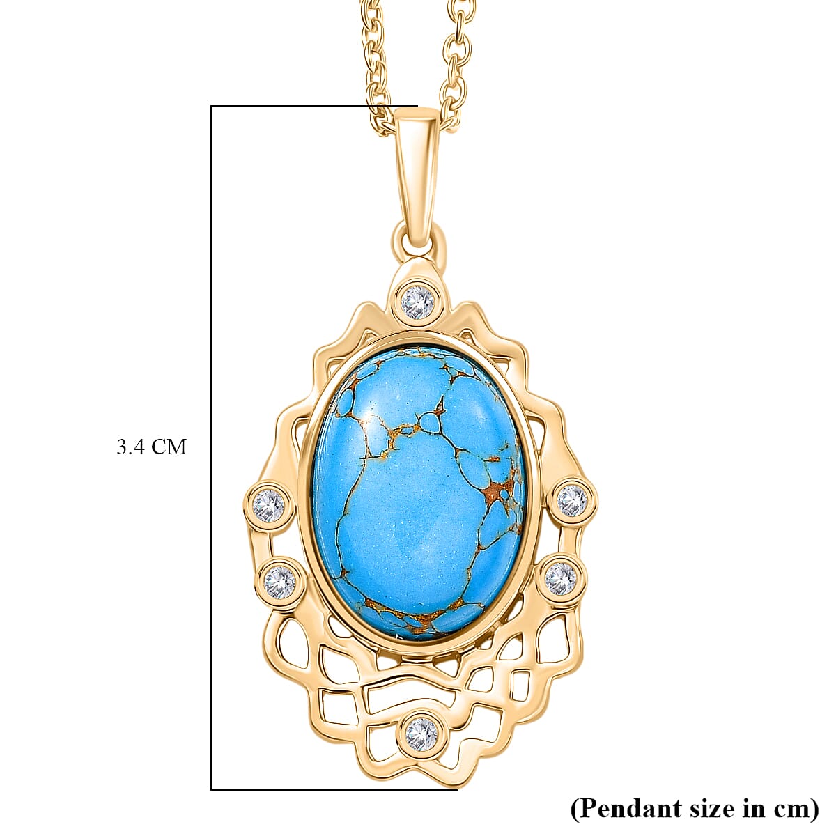 Tucson Find - Blue Turquoise & White Zircon Pendant with Chain (Size 20) in Yellow Gold Plated 5.53 Ct.