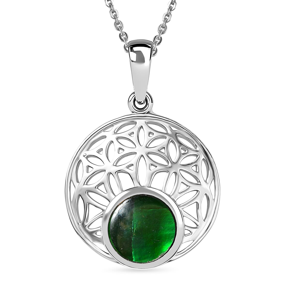 D'joy Ammolite Pendant with Chain (Size 20) in Rhodium Overlay Sterling Silver 1.12 Ct, Silver Wt. 5.15 Gms.