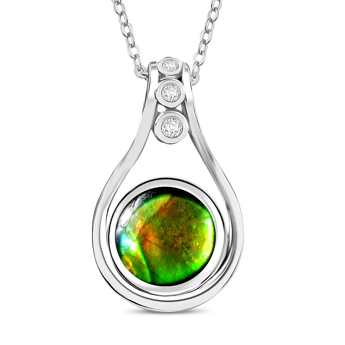 D'joy Ammolite & White Zircon Pendant with Chain (Size 20) in Rhodium Overlay Sterling Silver 1.18 Ct.