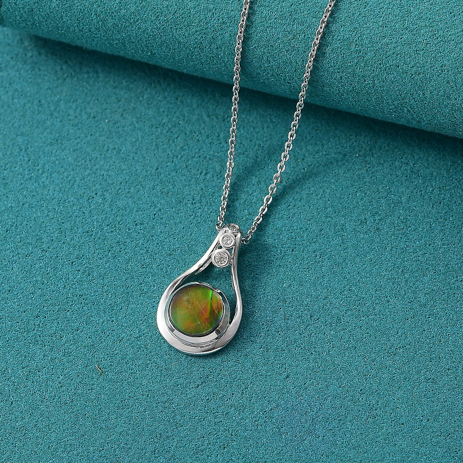 D'joy Ammolite & White Zircon Pendant with Chain (Size 20) in Rhodium Overlay Sterling Silver 1.18 Ct.