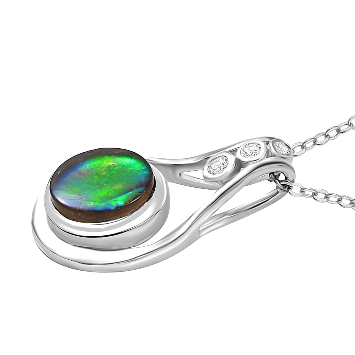 D'joy Ammolite & White Zircon Pendant with Chain (Size 20) in Rhodium Overlay Sterling Silver 1.18 Ct.