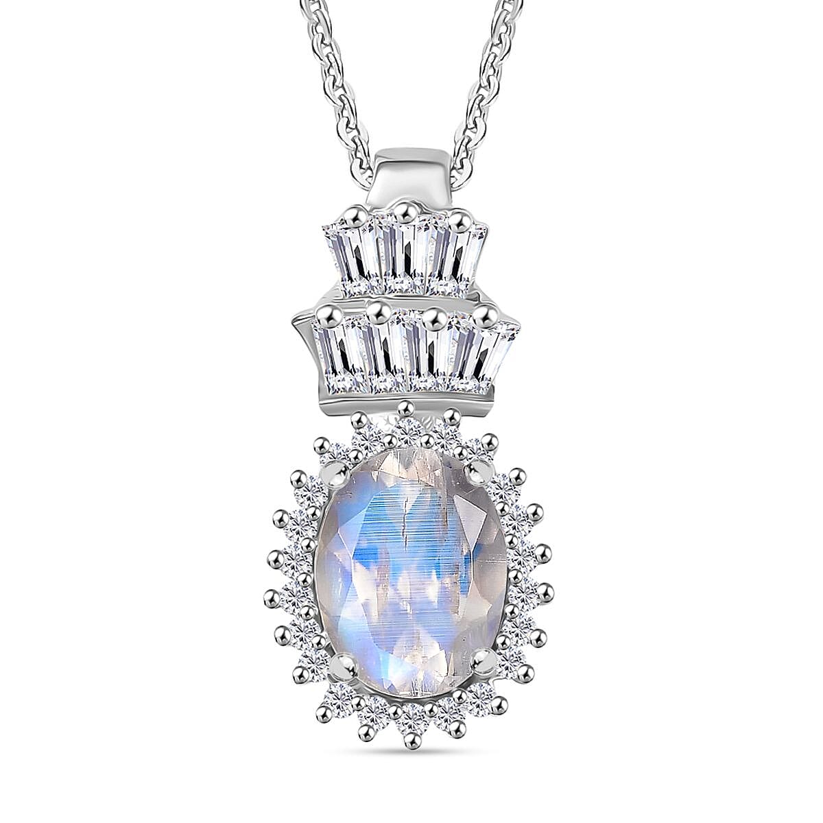 Rainbow Moonstone & White Zircon Pendant with Chain (Size 20) in Rhodium Overlay Sterling Silver 1.75 Ct.