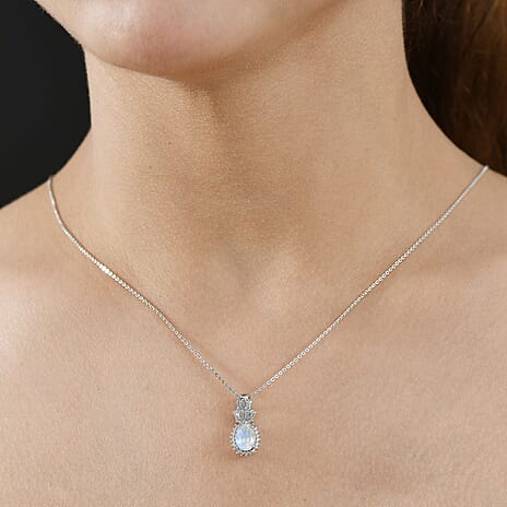 Rainbow Moonstone & White Zircon Pendant with Chain (Size 20) in Rhodium Overlay Sterling Silver 1.75 Ct.