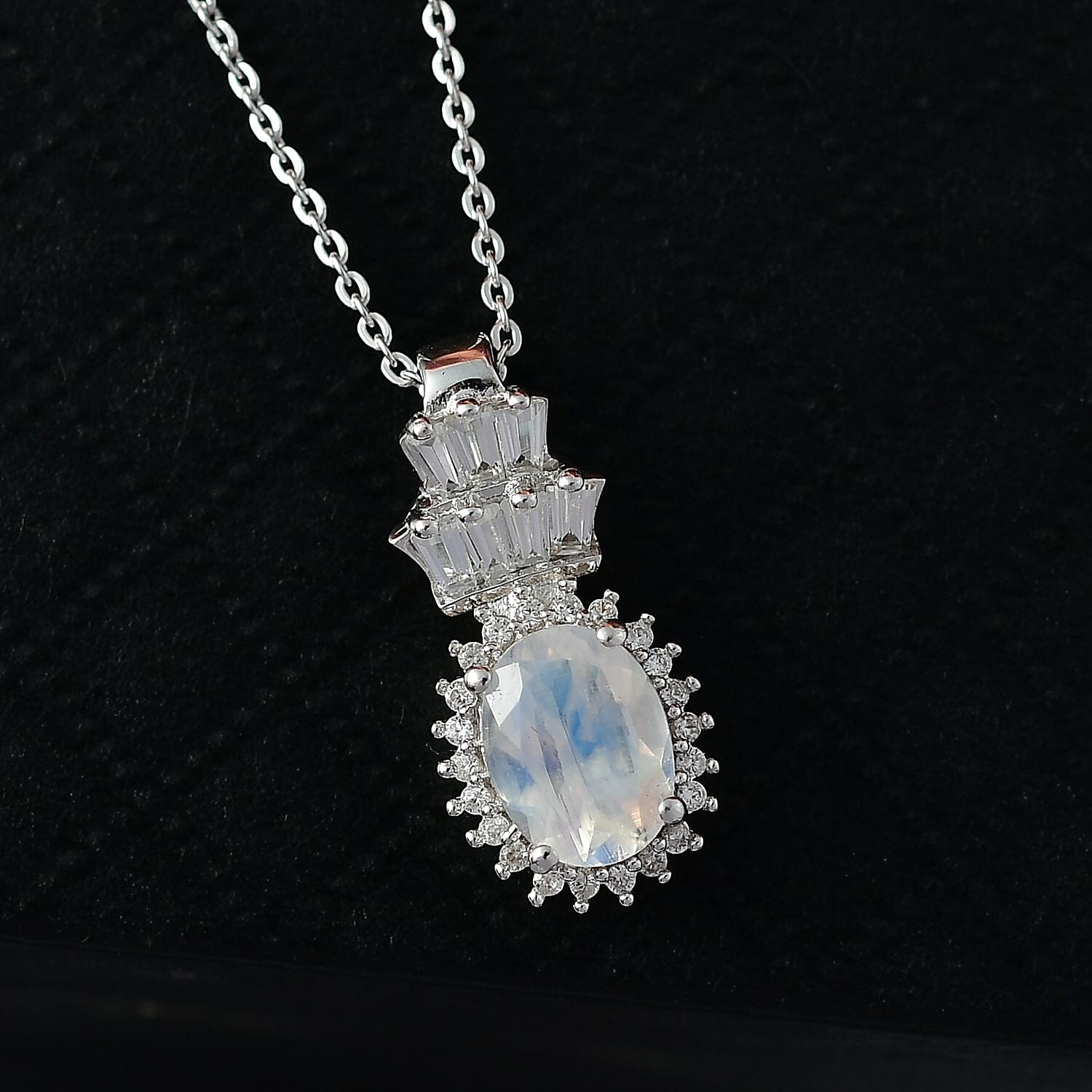 Rainbow Moonstone & White Zircon Pendant with Chain (Size 20) in Rhodium Overlay Sterling Silver 1.75 Ct.
