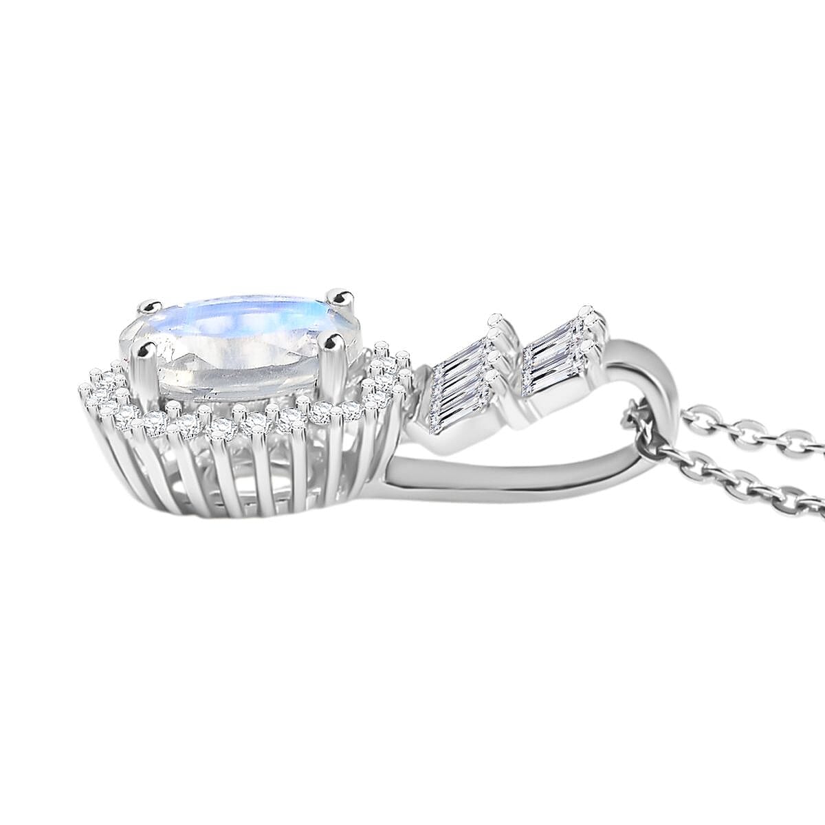 Rainbow Moonstone & White Zircon Pendant with Chain (Size 20) in Rhodium Overlay Sterling Silver 1.75 Ct.