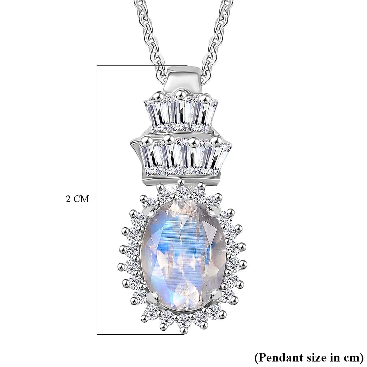 Rainbow Moonstone & White Zircon Pendant with Chain (Size 20) in Rhodium Overlay Sterling Silver 1.75 Ct.