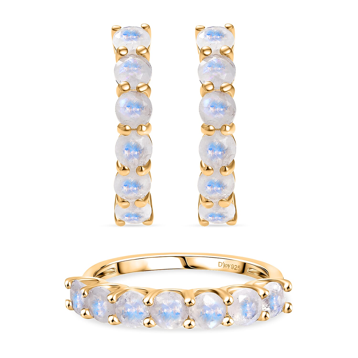 2 Piece Set -  Rainbow Moonstone Ring and Full Hoop Earring in 14K Yellow Gold Plated Sterling Silver 3.50 Ct.