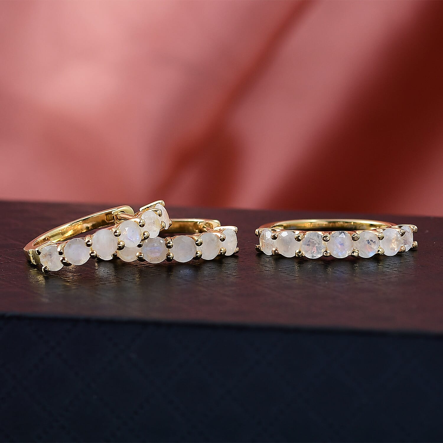 2 Piece Set -  Rainbow Moonstone Ring and Full Hoop Earring in 14K Yellow Gold Plated Sterling Silver 3.50 Ct.