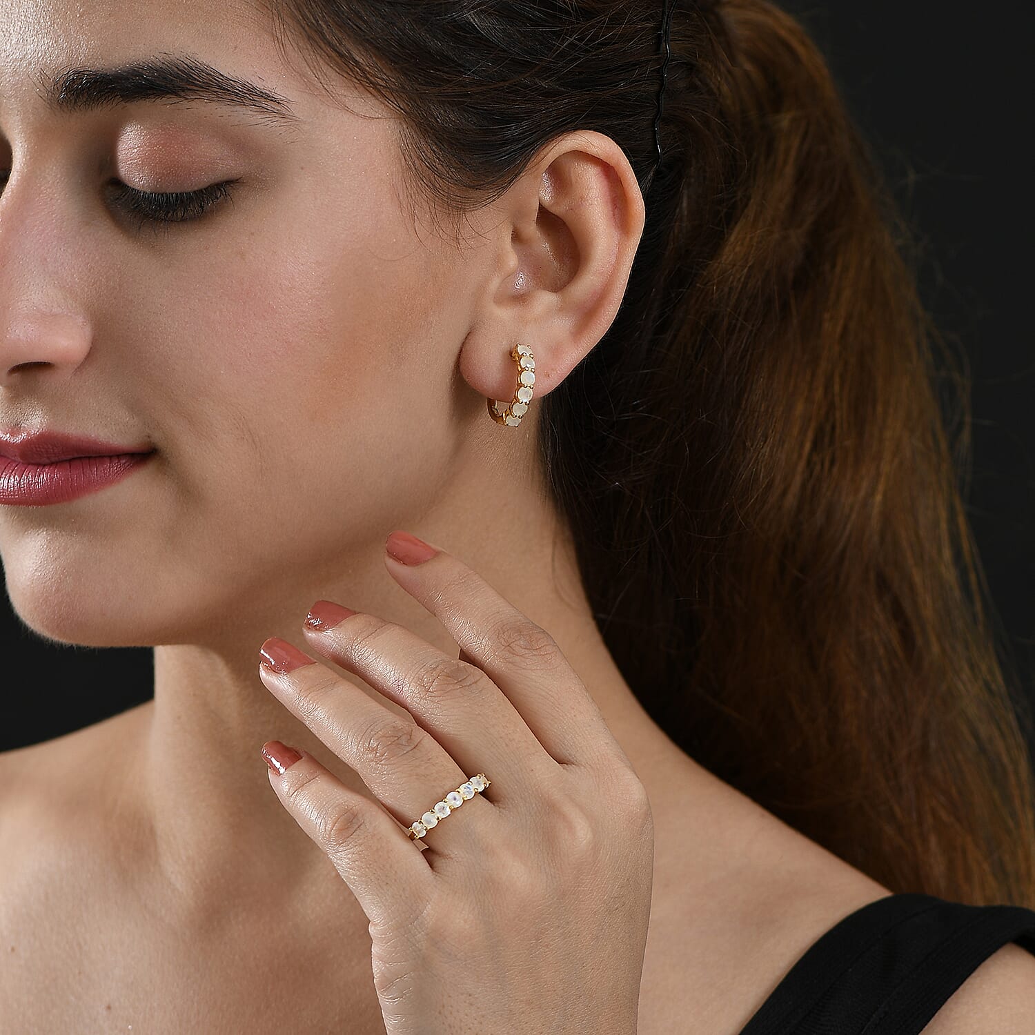 2 Piece Set -  Rainbow Moonstone Ring and Full Hoop Earring in 14K Yellow Gold Plated Sterling Silver 3.50 Ct.