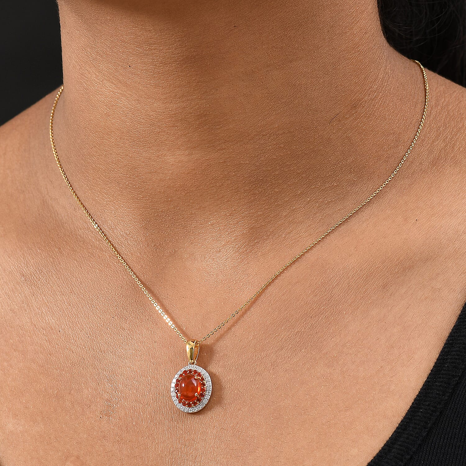 First Time Ever - Fire Opal Cabochon & Moissanite Pendant with Chain (Size 20) in 18K Vermeil Yellow Gold Plated Sterling Silver 2.66 Ct.