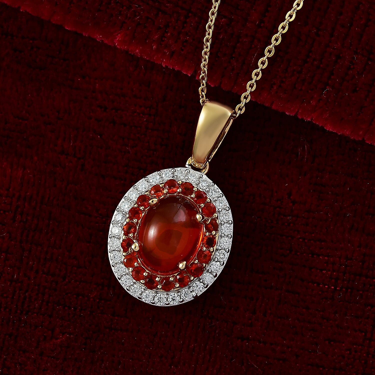 First Time Ever - Fire Opal Cabochon & Moissanite Pendant with Chain (Size 20) in 18K Vermeil Yellow Gold Plated Sterling Silver 2.66 Ct.