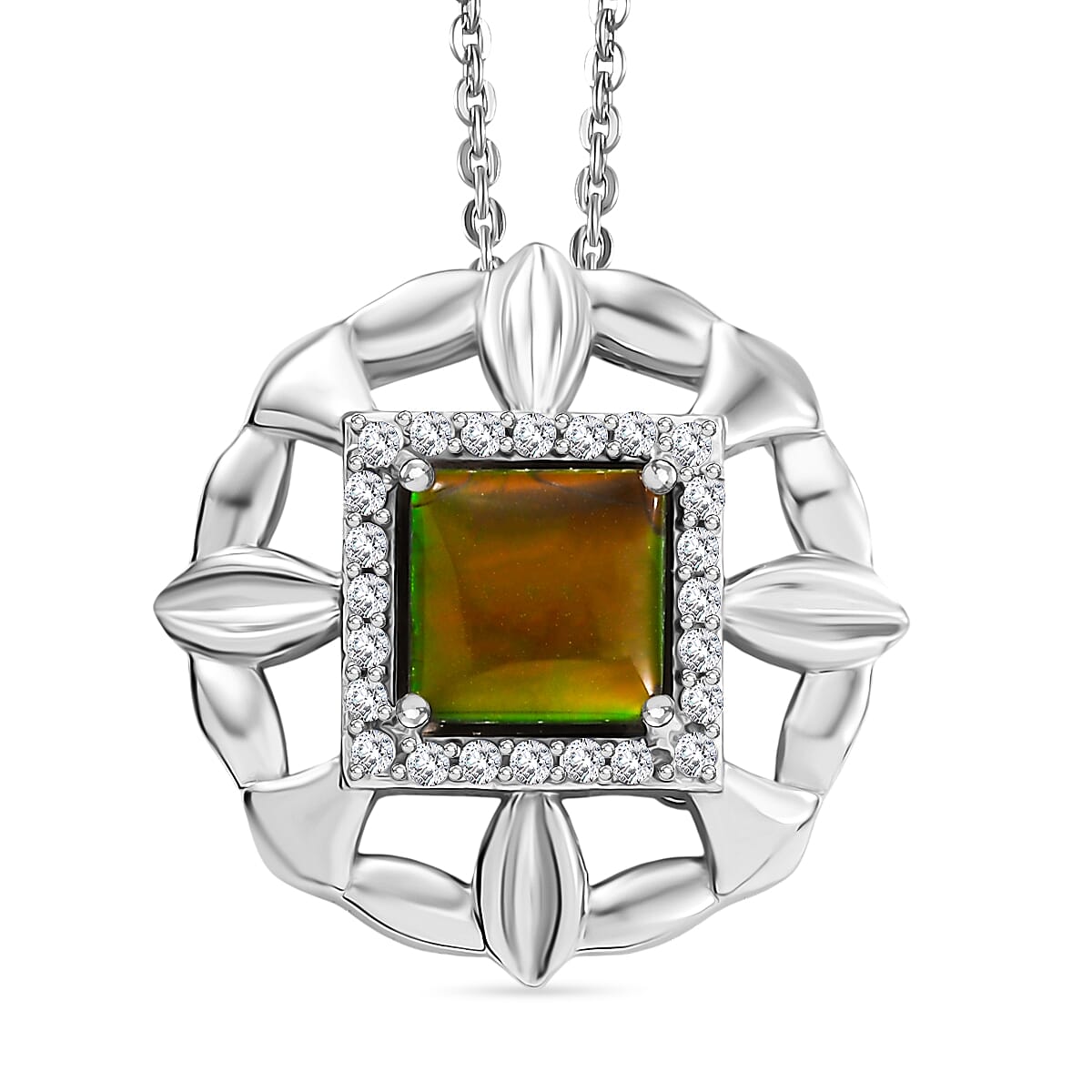 D'joy Ammolite & White Zircon Pendant with Chain (Size 20) in Rhodium Overlay Sterling Silver 2.50 Ct.